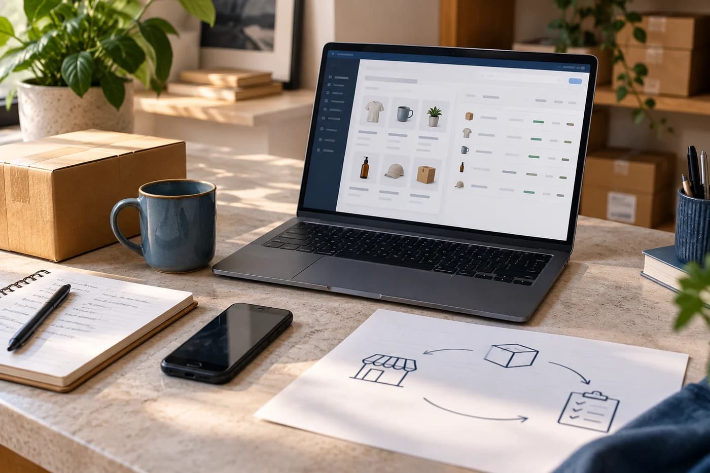 Mesa de trabalho com laptop exibindo catálogo ilustrativo, encomenda e desenho de fluxo entre loja e operação