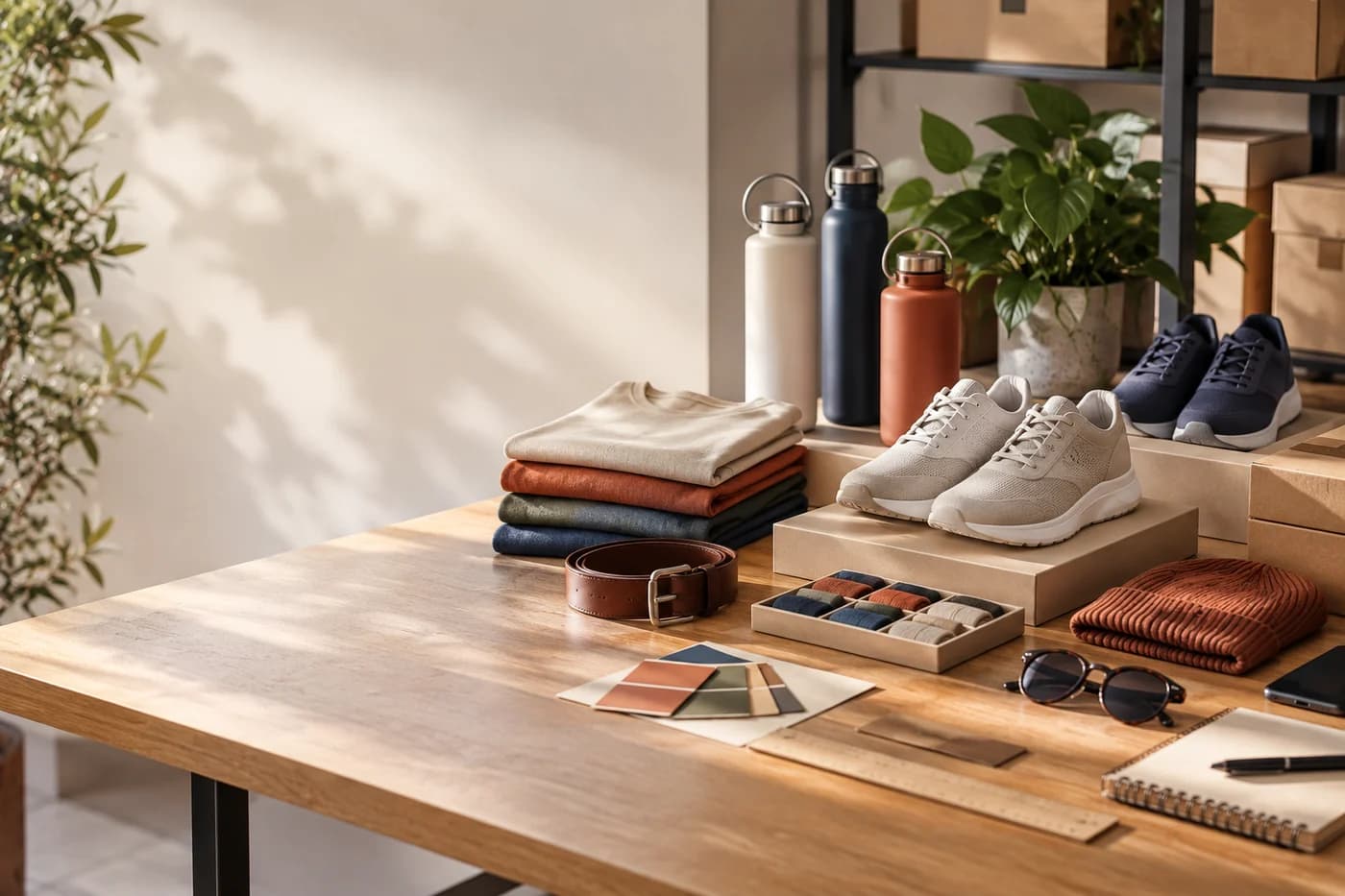 Produtos de moda organizados por variações de cor, tamanho e categoria em mesa de trabalho
