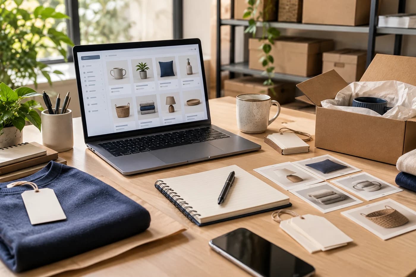 Mesa de trabalho com laptop, produtos de exemplo e materiais organizados para montar um catálogo de loja virtual