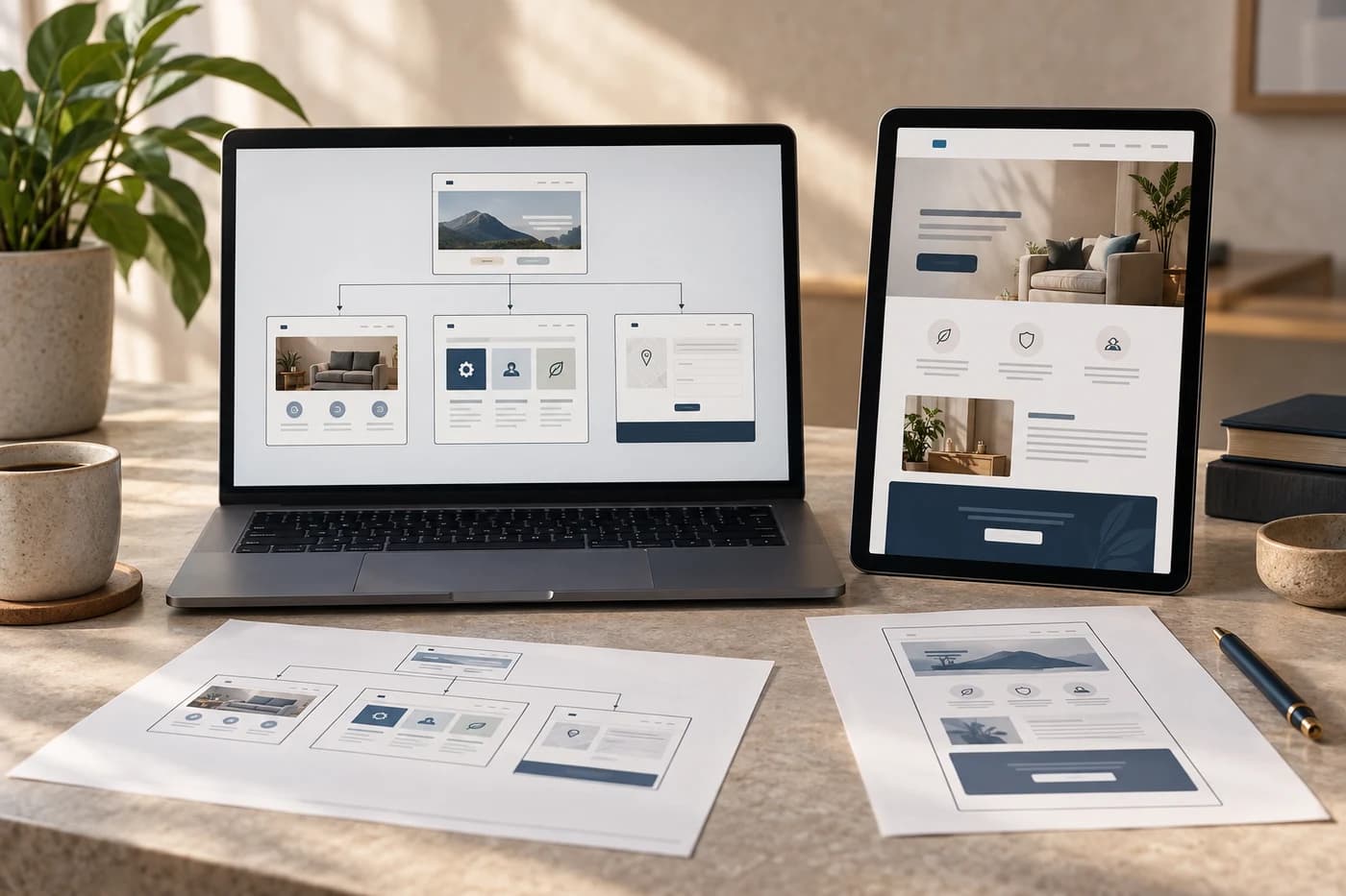 Comparação conceitual entre um site com várias páginas e uma landing page de campanha.
