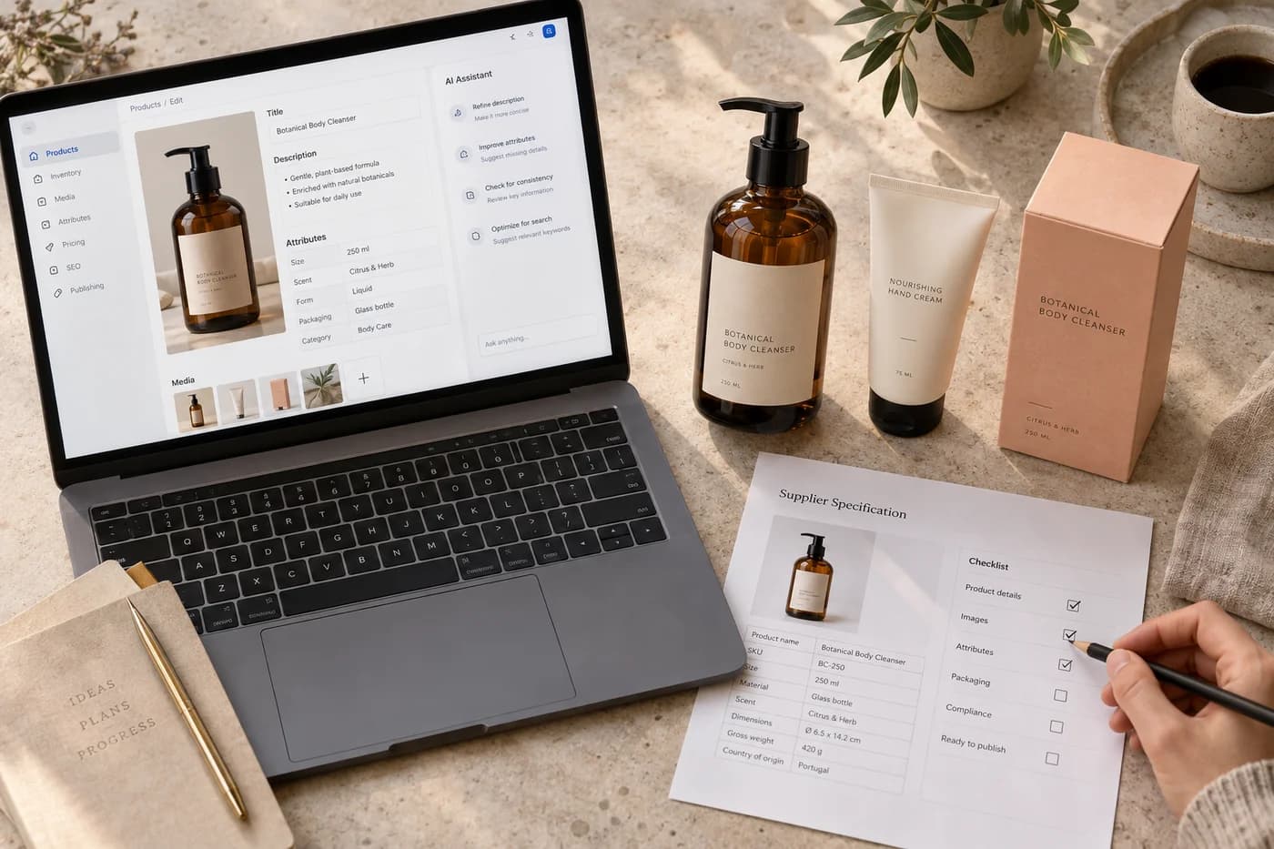 Produtos de cuidados pessoais, ficha do fornecedor e cadastro assistido por IA