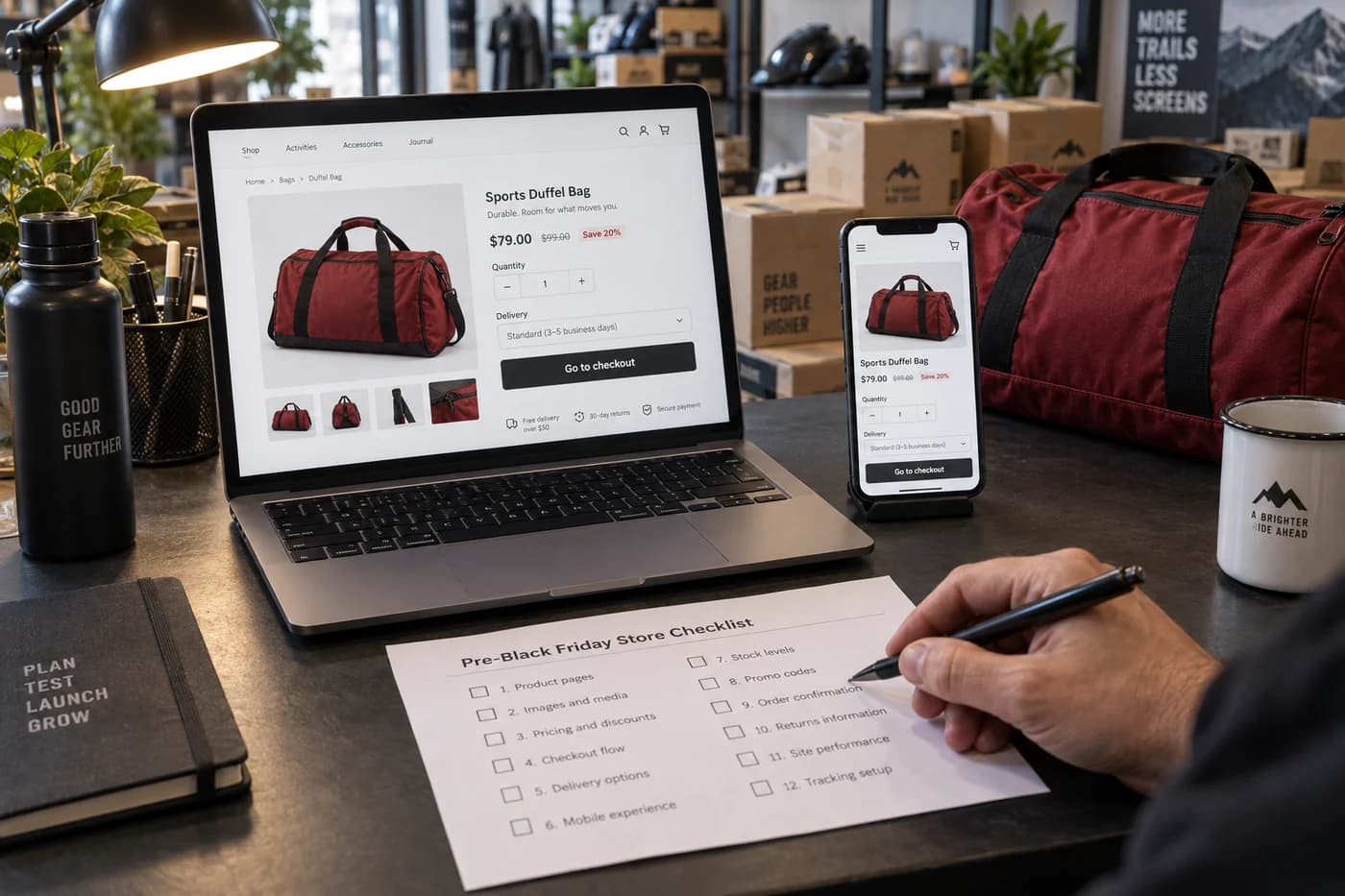 Conferência de uma loja no computador e no celular com checklist de compra