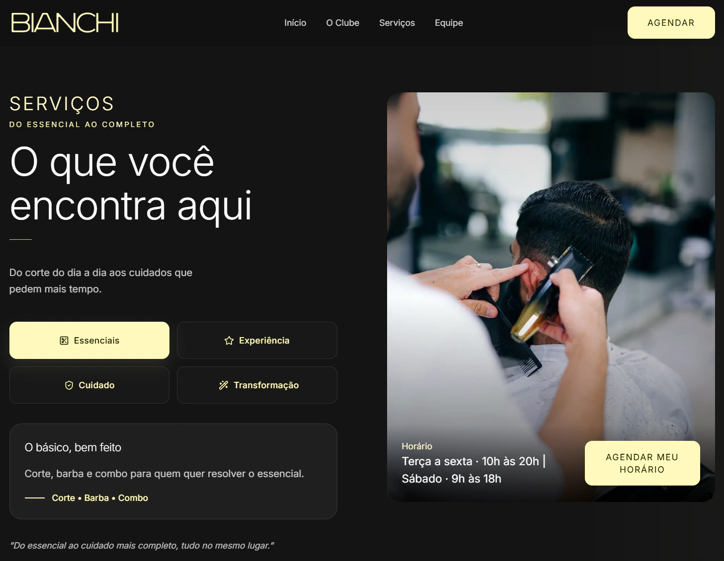 Seção de serviços no site da Barbearia Bianchi