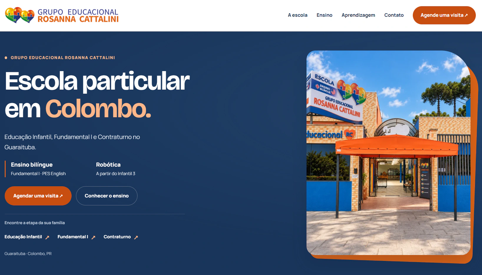 Site do Grupo Educacional RC, com apresentação da escola e caminhos de contato